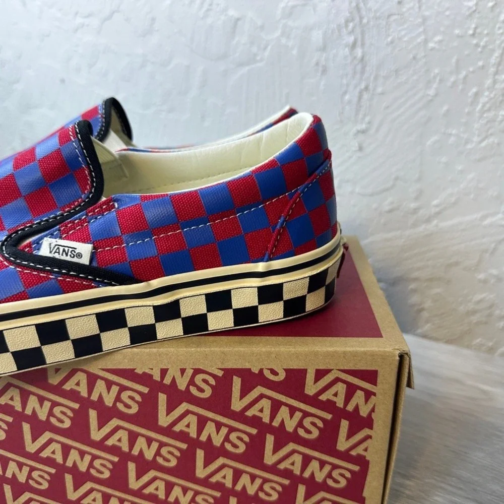 Vans Classic Slip-On Shoes Mens Size 8 Red Blue Canvas Checkerboard Skater NEW